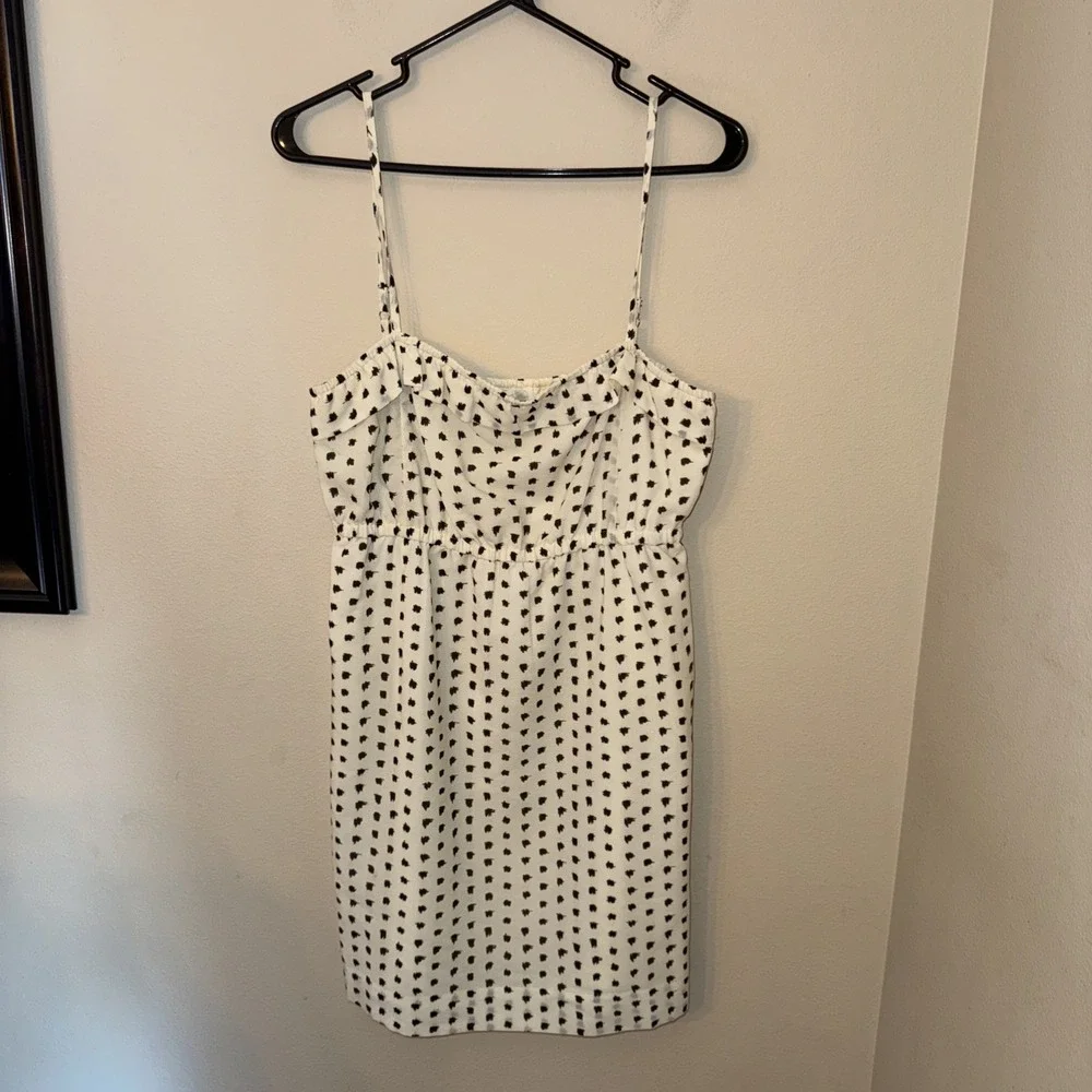 J. Crew Polka Dot Ruffle Spaghetti Strap‎ Empire Waist Mini Dress Cream Black S